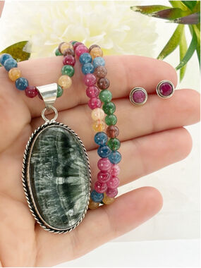 Seraphinite Pendant Set Lot Multi Gem Bead Necklace Sterling Silver 925 New